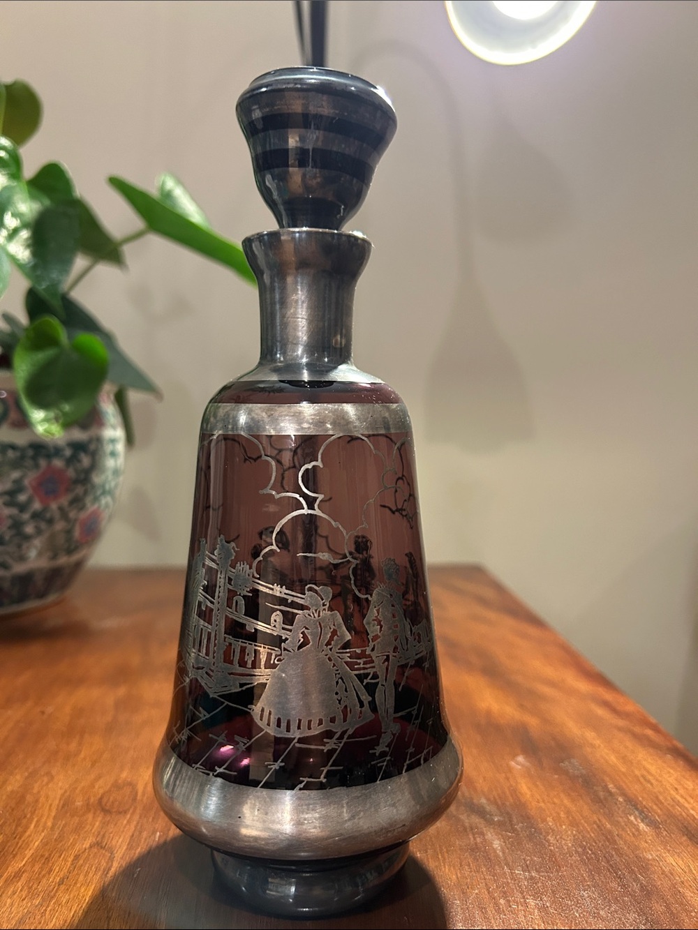 Vintage Amethyst Venetian Glass Decanter with Intricate Silver Overlay
